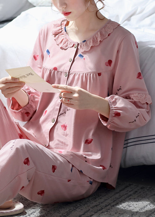 Art Pink Lace Print Button Cotton Pajamas Two Pieces Set Fall