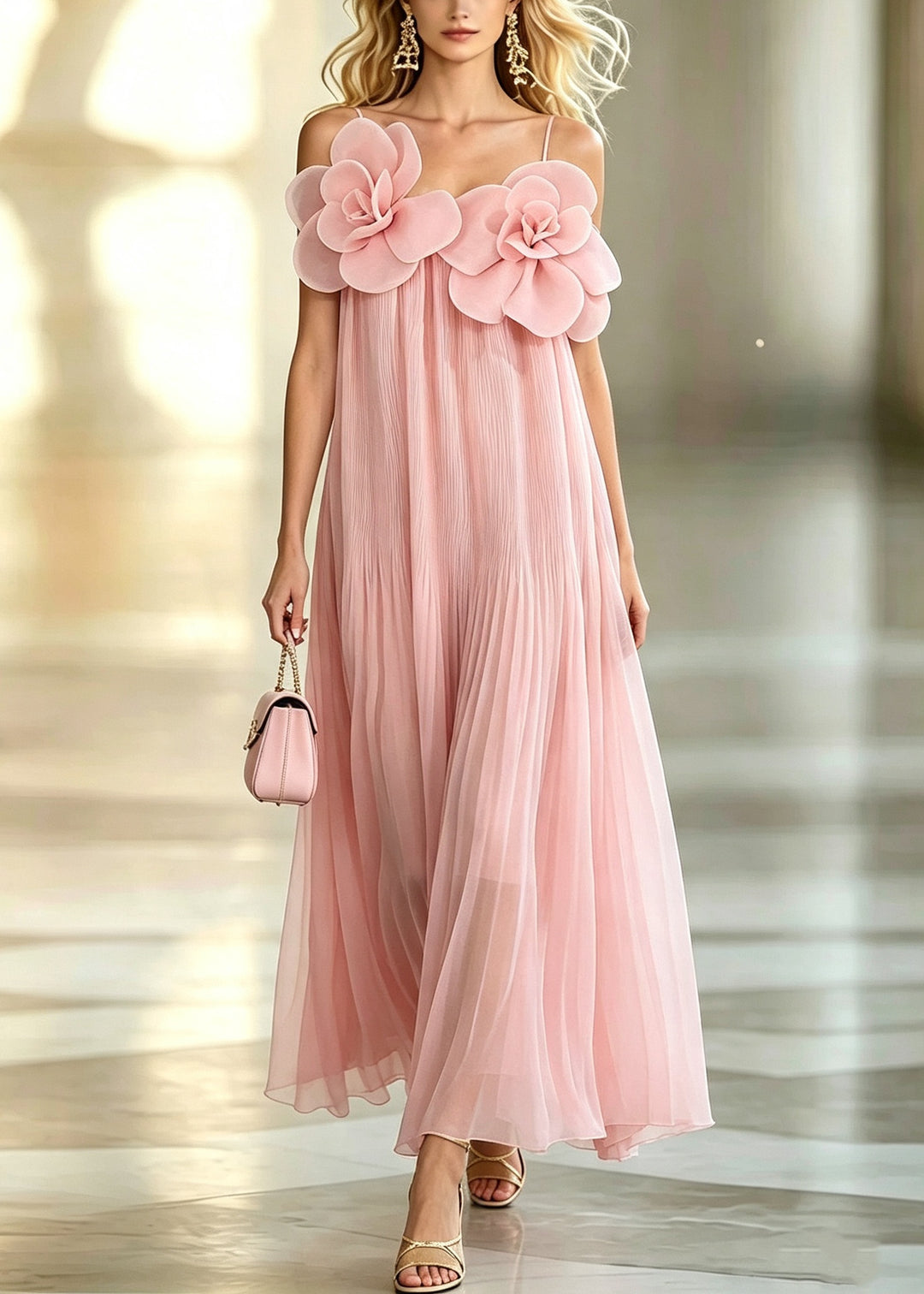 Art Pink Oversized Floral Chiffon Pleated Holiday Dress Summer