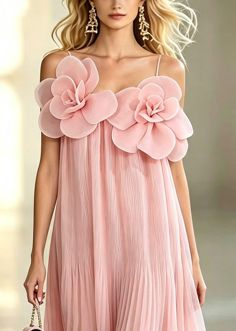 Art Pink Oversized Floral Chiffon Pleated Holiday Dress Summer