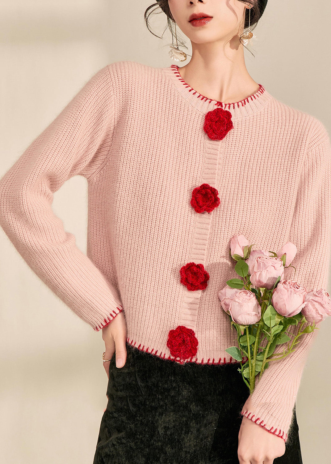 Art Pink Patchwork Floral Button Cotton Knit Cardigan Fall