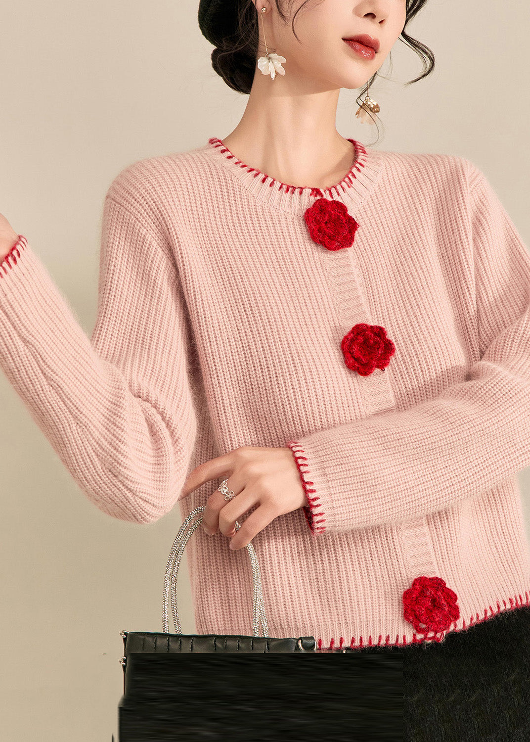 Art Pink Patchwork Floral Button Cotton Knit Cardigan Fall