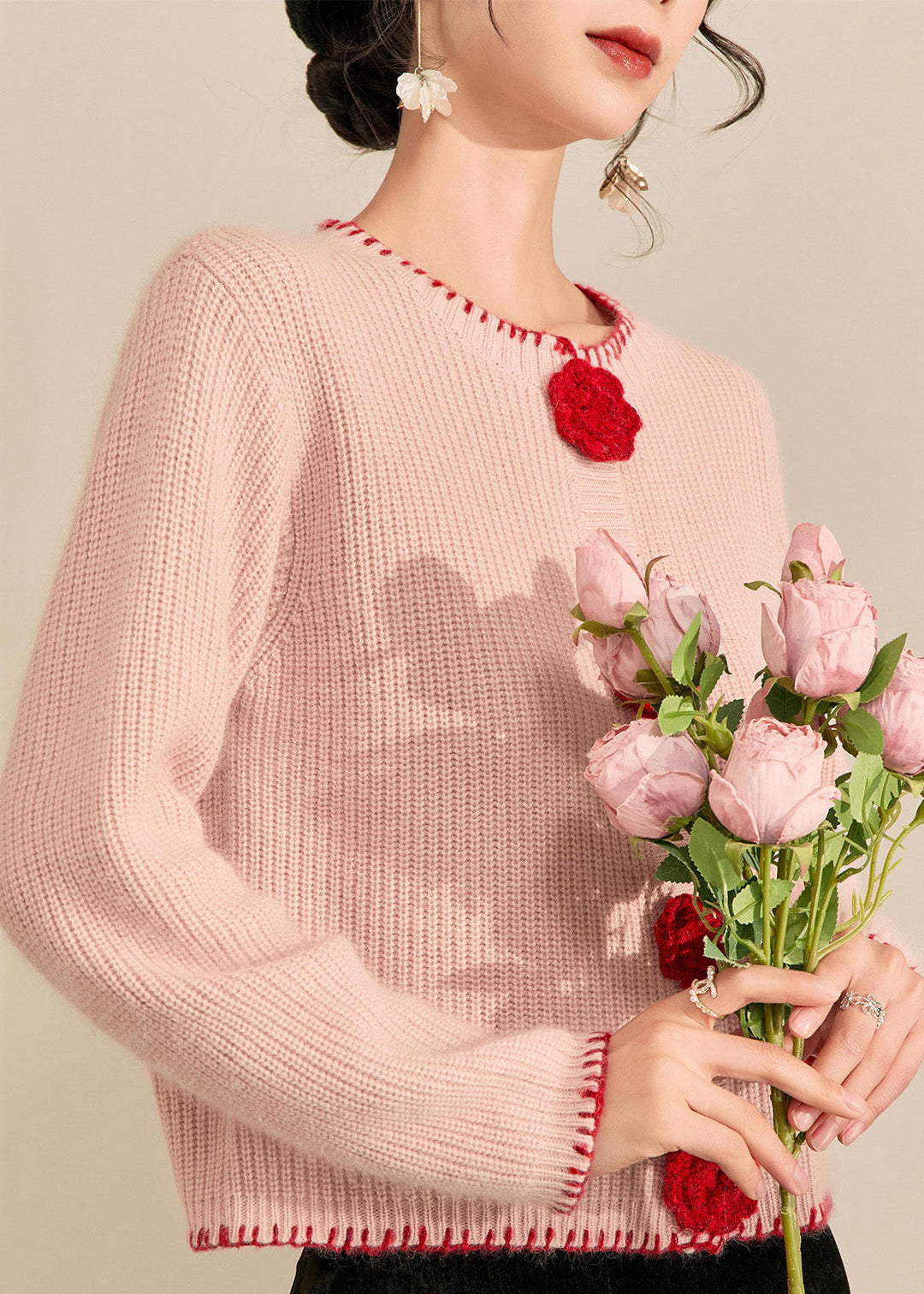 Art Pink Patchwork Floral Button Cotton Knit Cardigan Fall