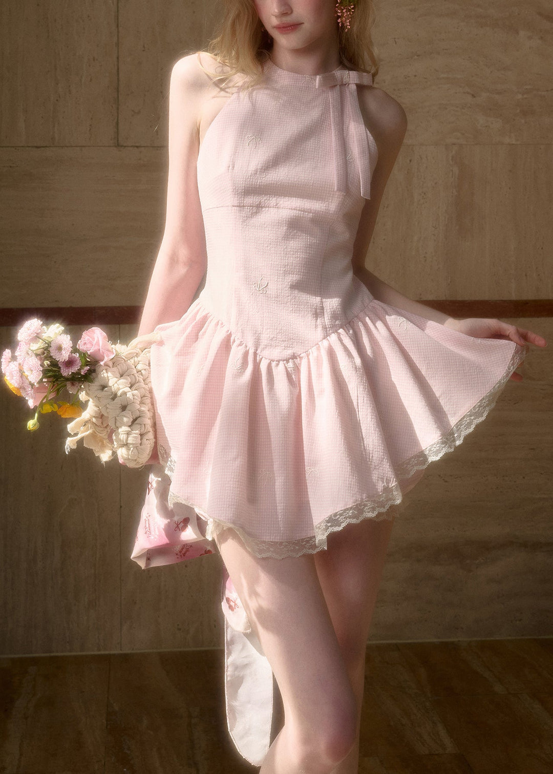 Art Pink Plaid Bow Lace Cotton Two Pieces Set Sleeveless
