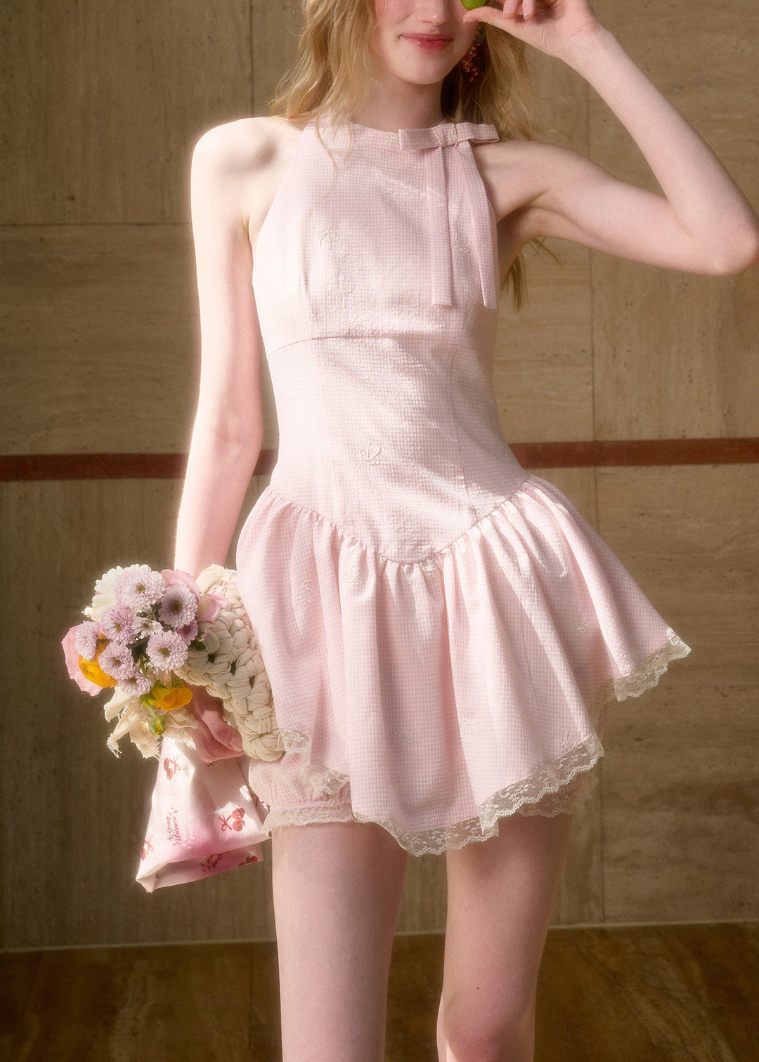Art Pink Plaid Bow Lace Cotton Two Pieces Set Sleeveless