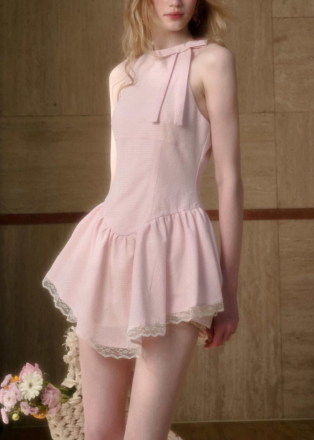 Art Pink Plaid Bow Lace Cotton Two Pieces Set Sleeveless