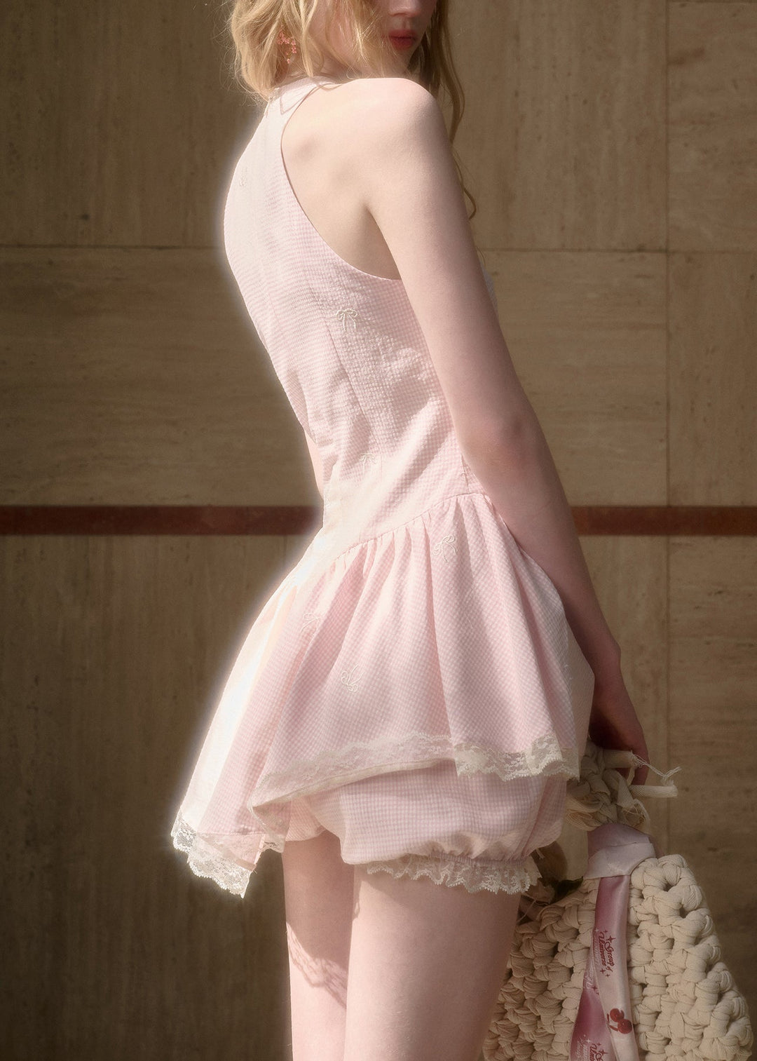 Art Pink Plaid Bow Lace Cotton Two Pieces Set Sleeveless