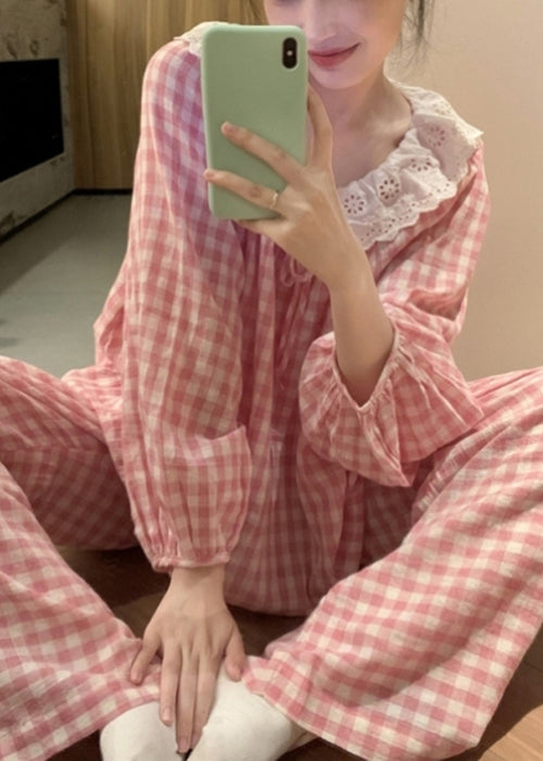 Art Pink Plaid Lace Patchwork Cotton Pajamas Two Pieces Set Fall