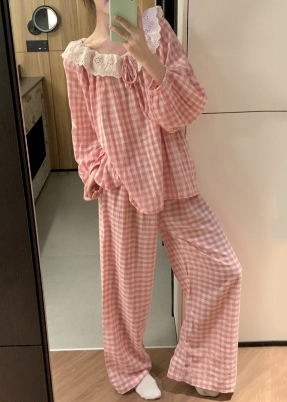 Art Pink Plaid Lace Patchwork Cotton Pajamas Two Pieces Set Fall