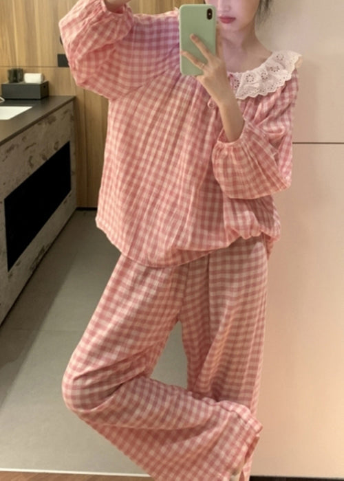 Art Pink Plaid Lace Patchwork Cotton Pajamas Two Pieces Set Fall