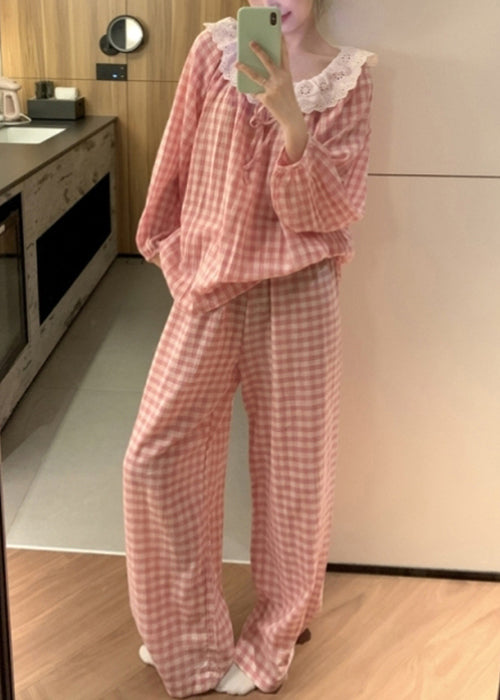 Art Pink Plaid Lace Patchwork Cotton Pajamas Two Pieces Set Fall