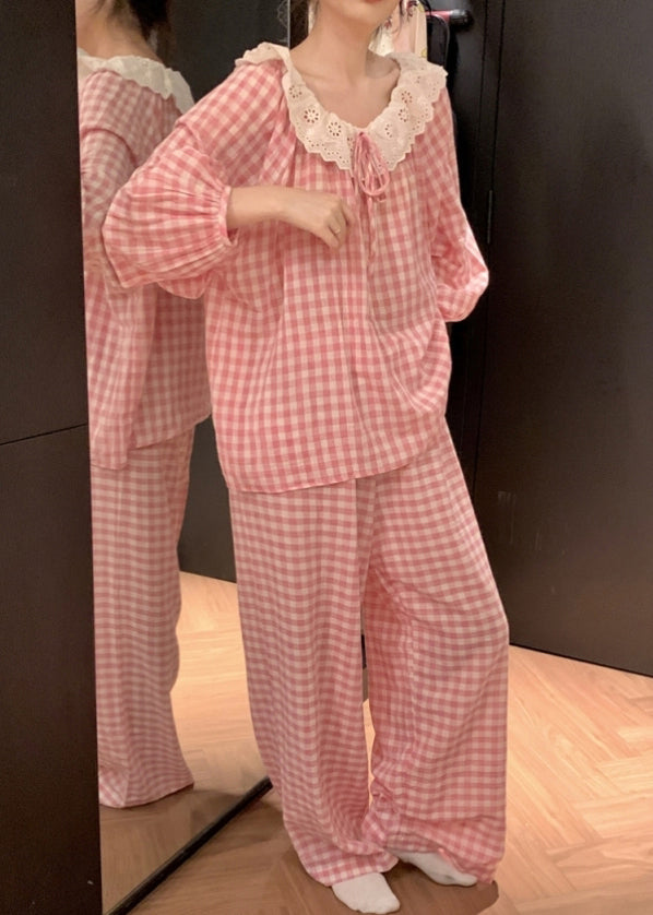 Art Pink Plaid Lace Patchwork Cotton Pajamas Two Pieces Set Fall