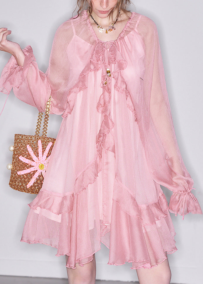 Art Pink Ruffled  Lace Up Chiffon Two-Piece Set Butterfly Sleeve