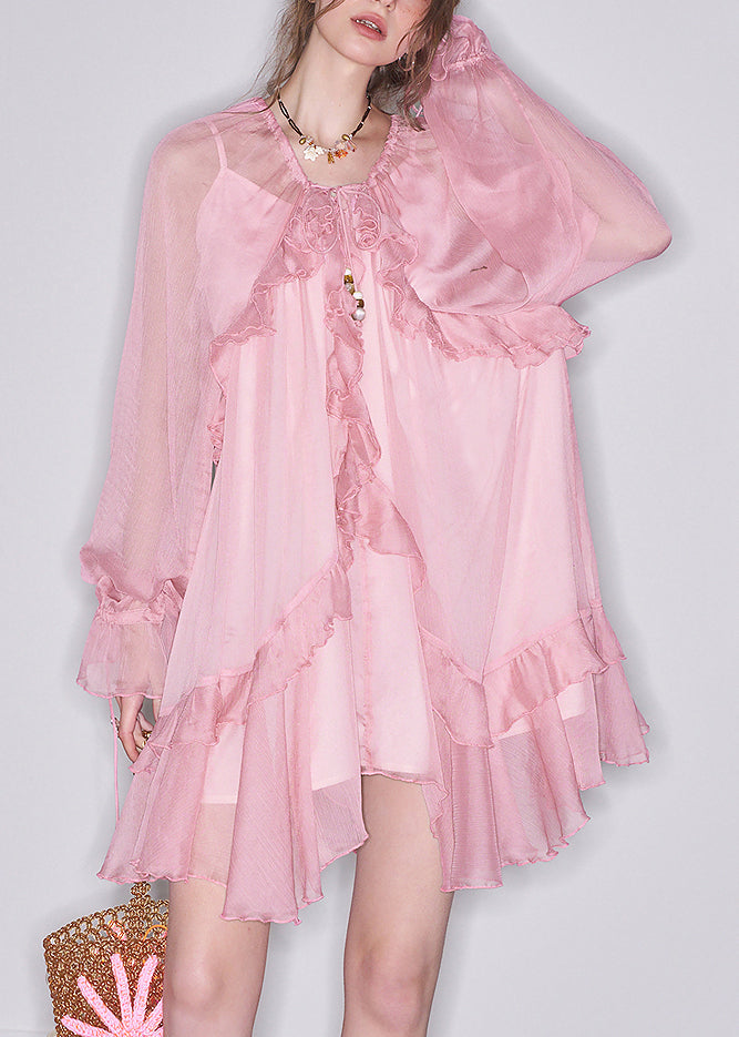 Art Pink Ruffled  Lace Up Chiffon Two-Piece Set Butterfly Sleeve
