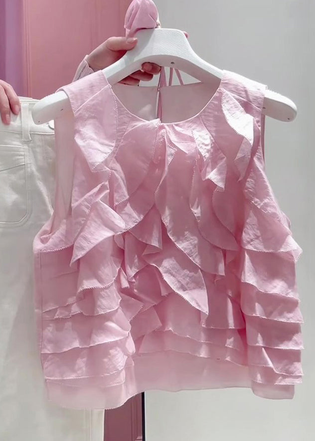 Art Pink Ruffled Lace Up Cotton Shirt Summer