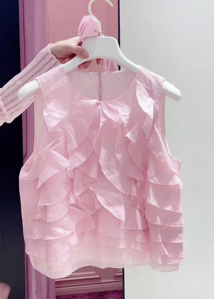 Art Pink Ruffled Lace Up Cotton Shirt Summer