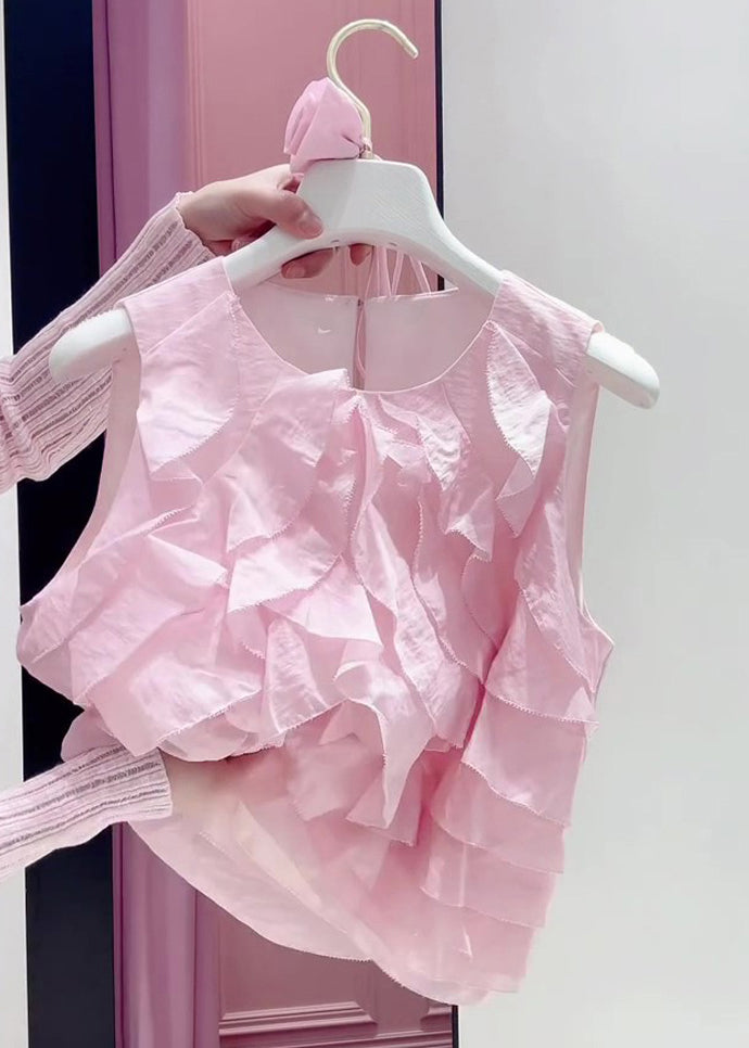 Art Pink Ruffled Lace Up Cotton Shirt Summer