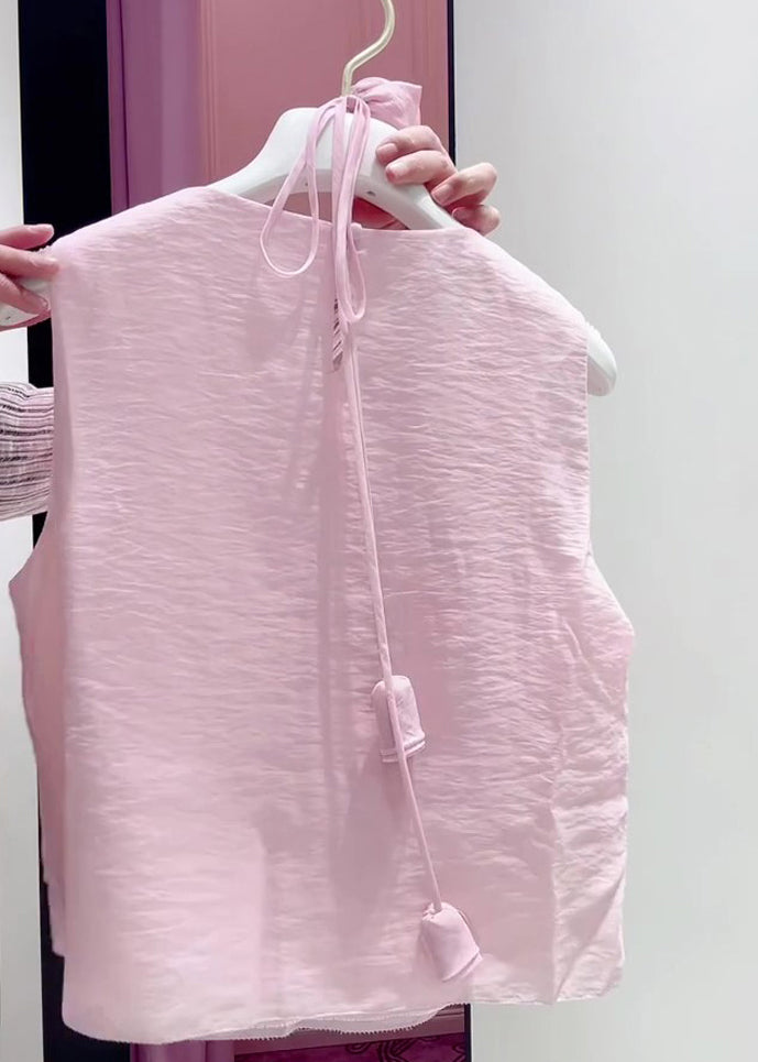 Art Pink Ruffled Lace Up Cotton Shirt Summer
