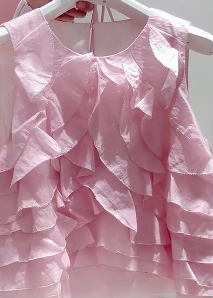 Art Pink Ruffled Lace Up Cotton Shirt Summer