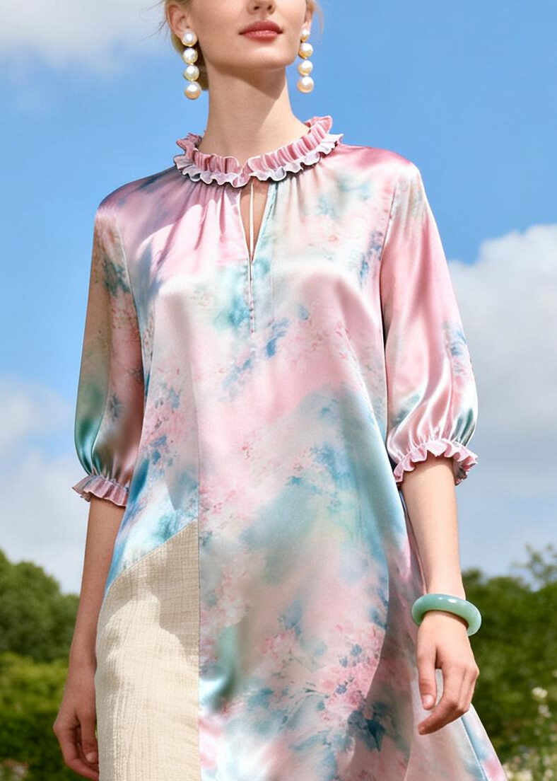 Art Pink Ruffled Patchwork Linen Silk Vacation Dresses Summer