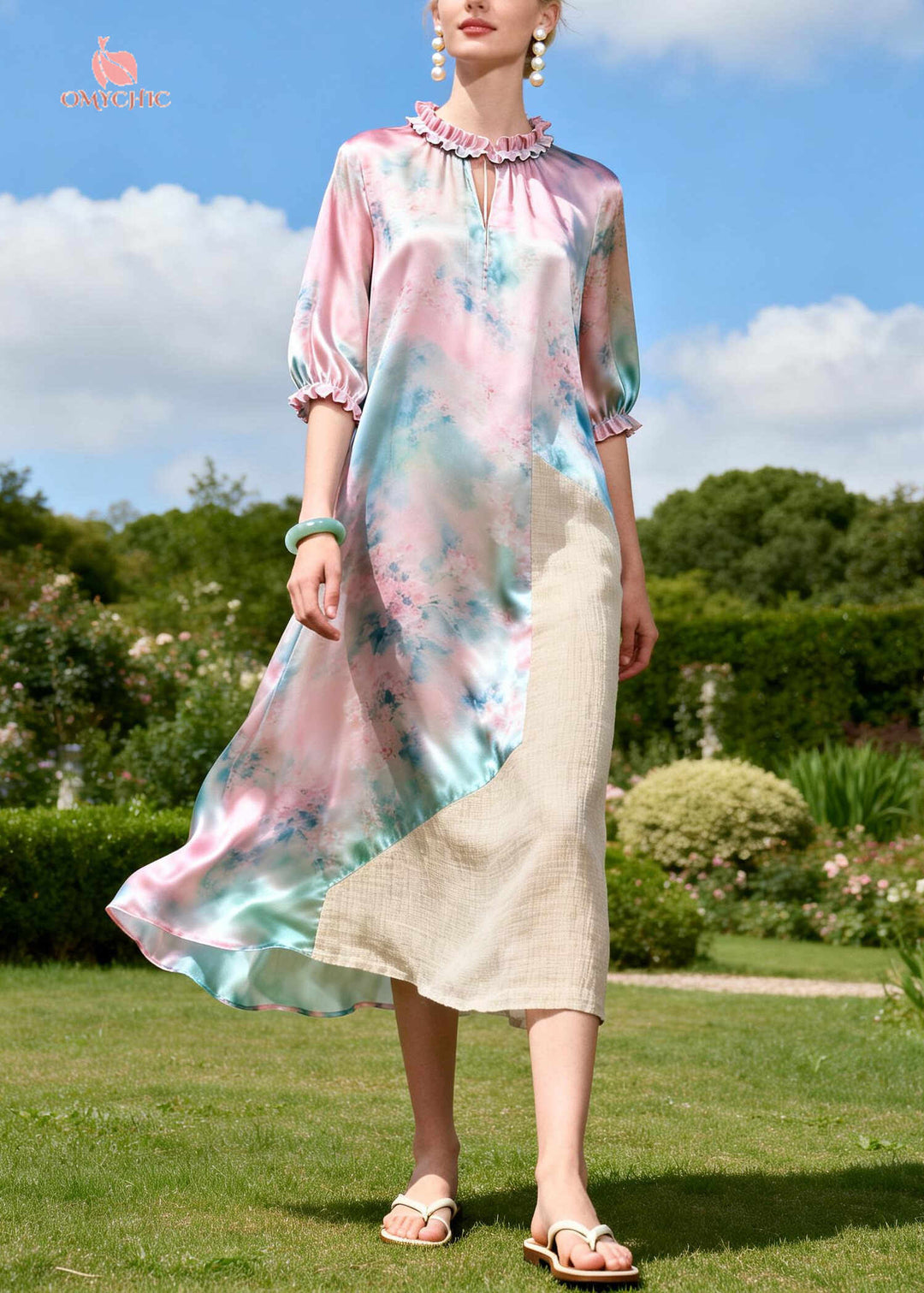 Art Pink Ruffled Patchwork Linen Silk Vacation Dresses Summer