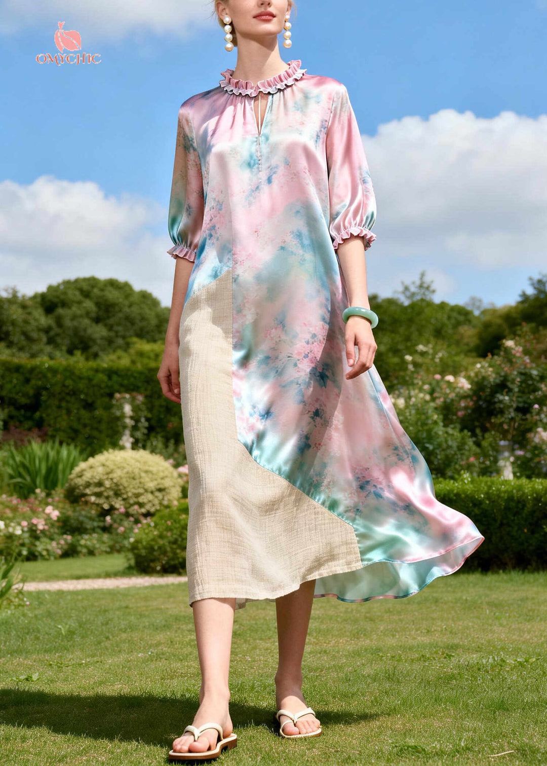 Art Pink Ruffled Patchwork Linen Silk Vacation Dresses Summer