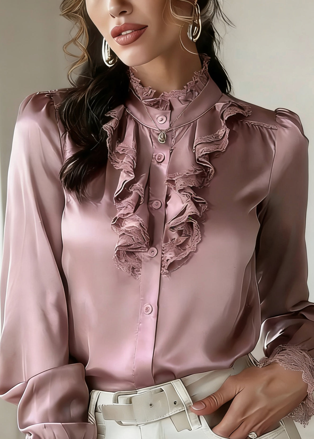 Art Pink Ruffled Patchwork Silk Top Lantern Sleeve - Omychic