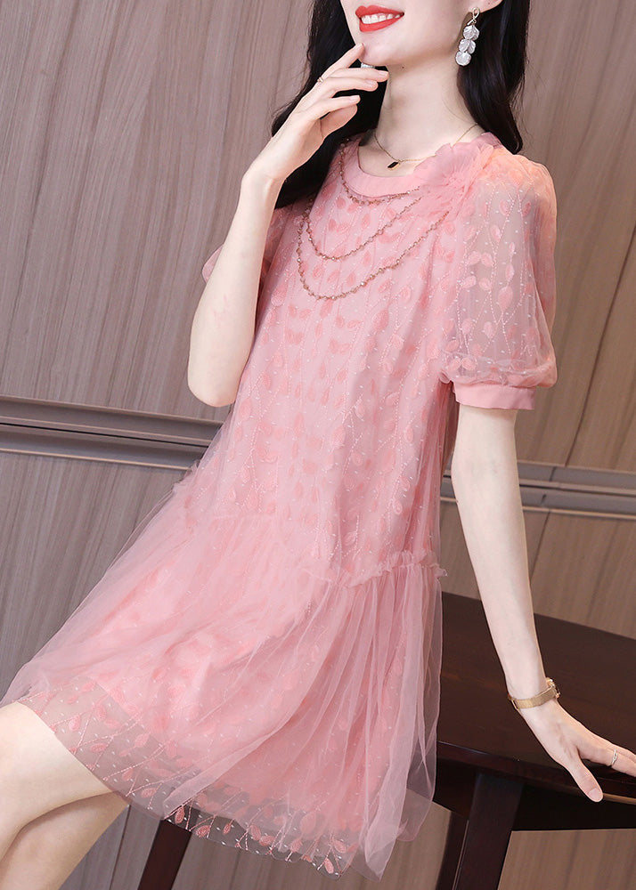Art Pink Ruffled Patchwork Tulle Party Mid Dress Short Sleeve