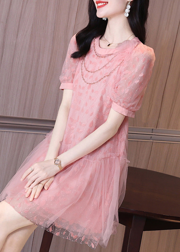 Art Pink Ruffled Patchwork Tulle Party Mid Dress Short Sleeve