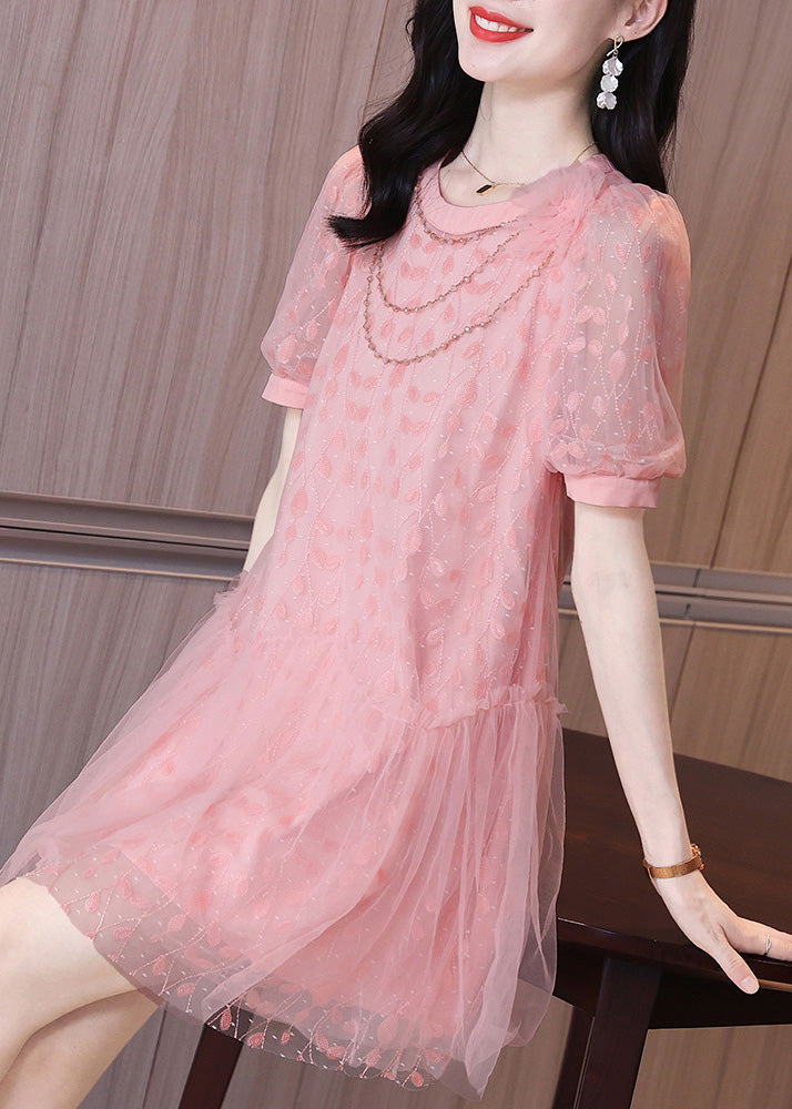 Art Pink Ruffled Patchwork Tulle Party Mid Dress Short Sleeve