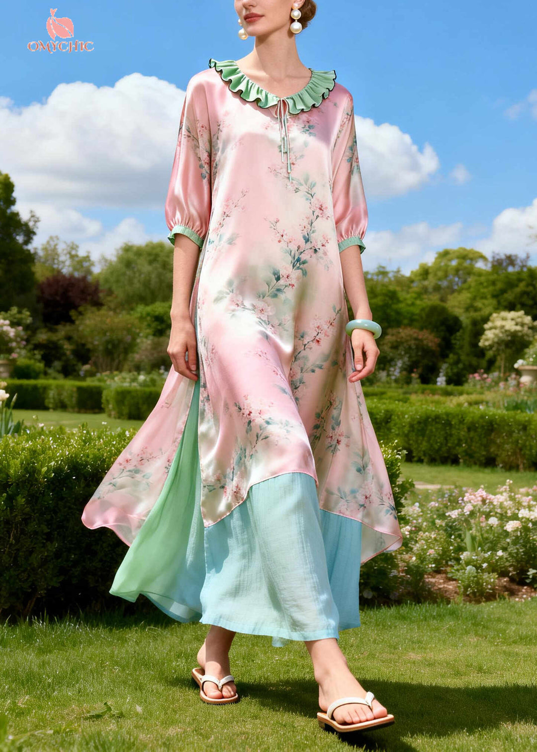 Art Pink Ruffled Print Side Open Silk Long Dress Summer