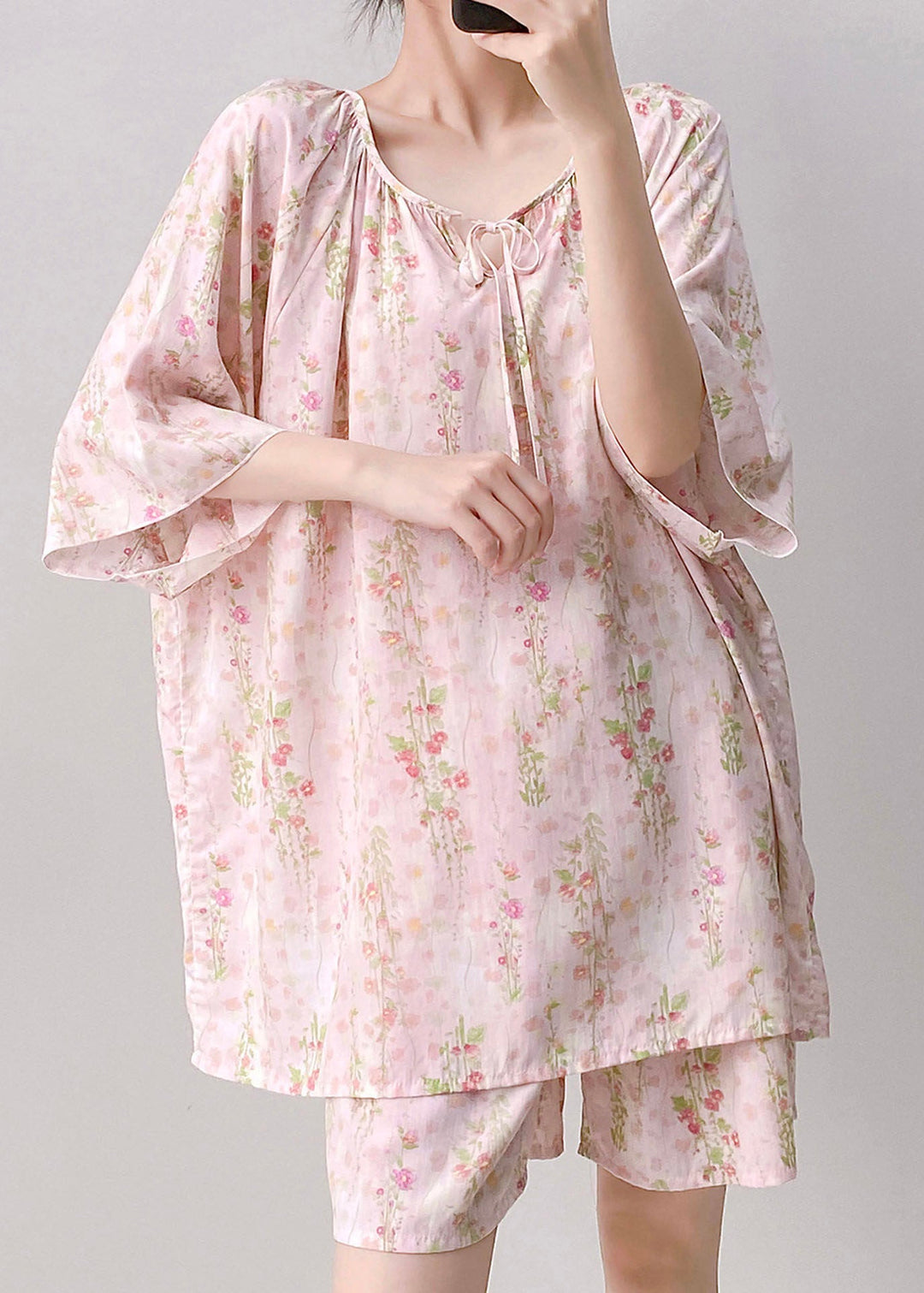 Art Pink Tie Lace Top And Shorts Pajama Set Summer