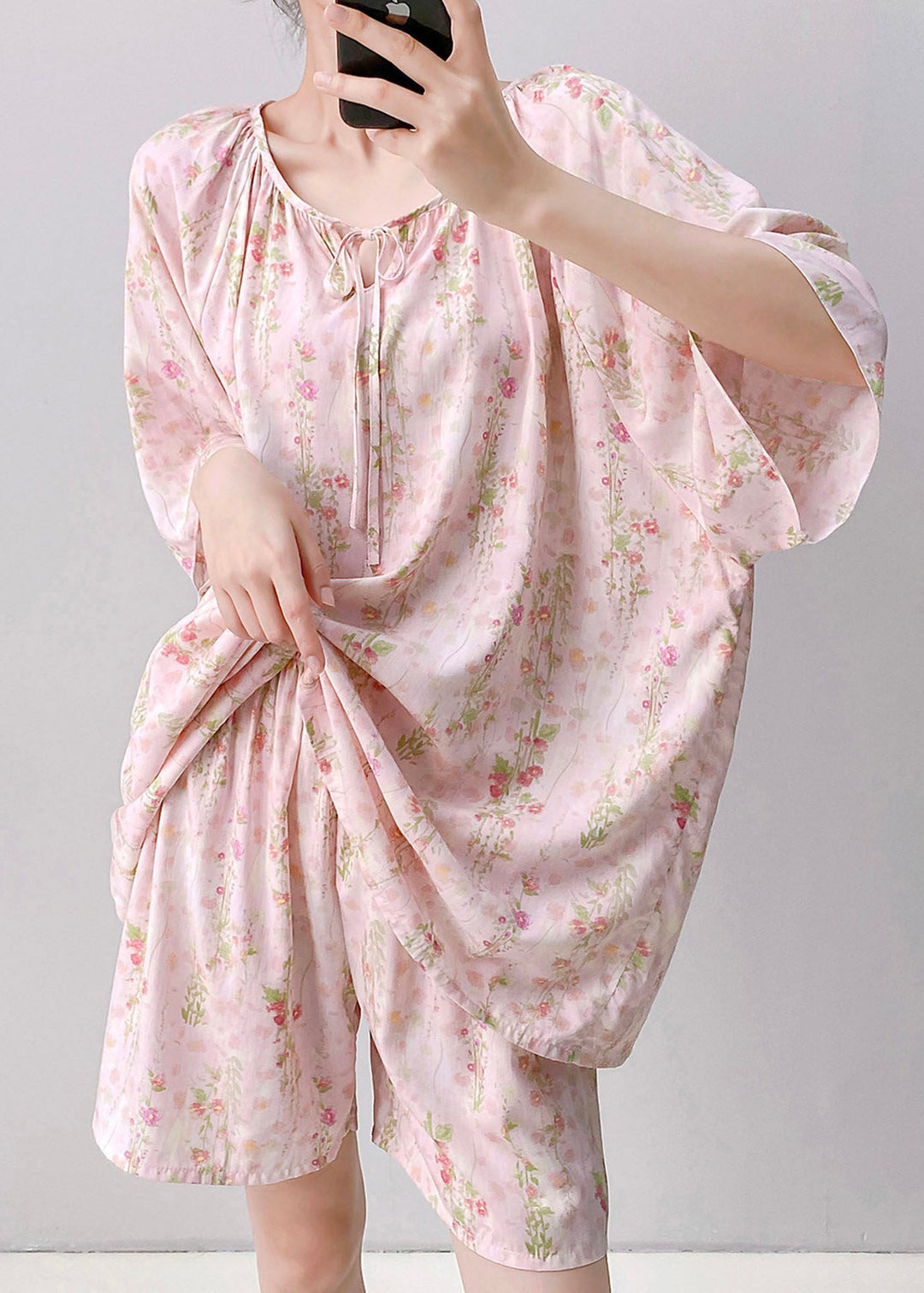 Art Pink Tie Lace Top And Shorts Pajama Set Summer