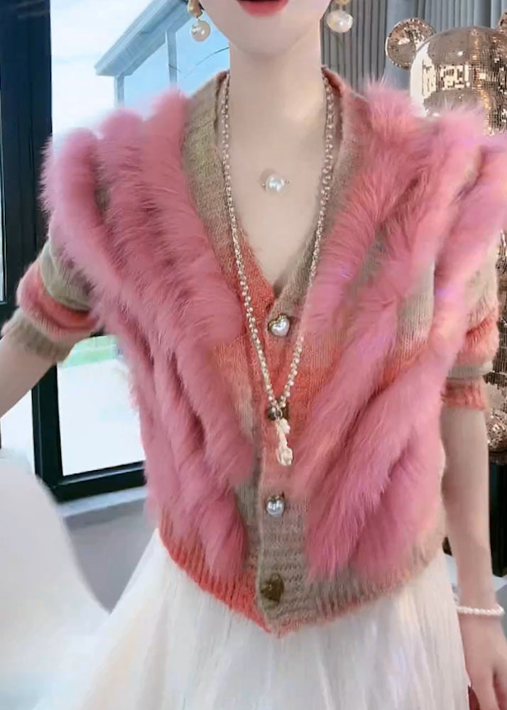 Art Pink V Neck Button Fox Fur Patchwork Knit Coat Winter