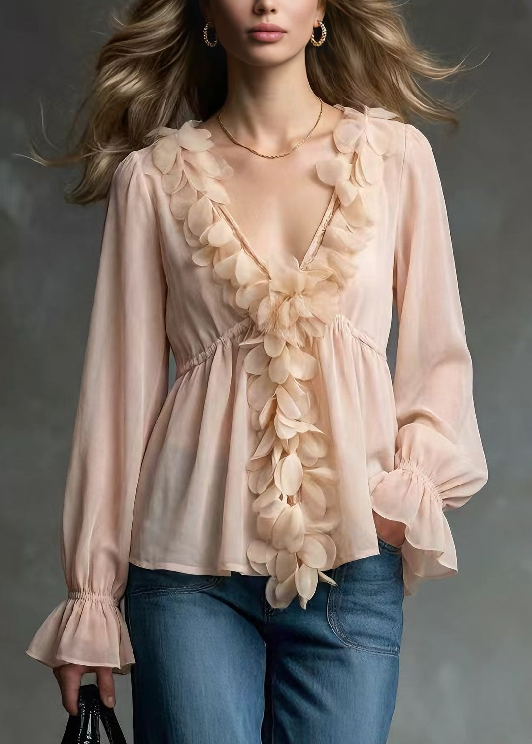 Art Pink V Neck Petal Chiffon Shirt Tops Spring