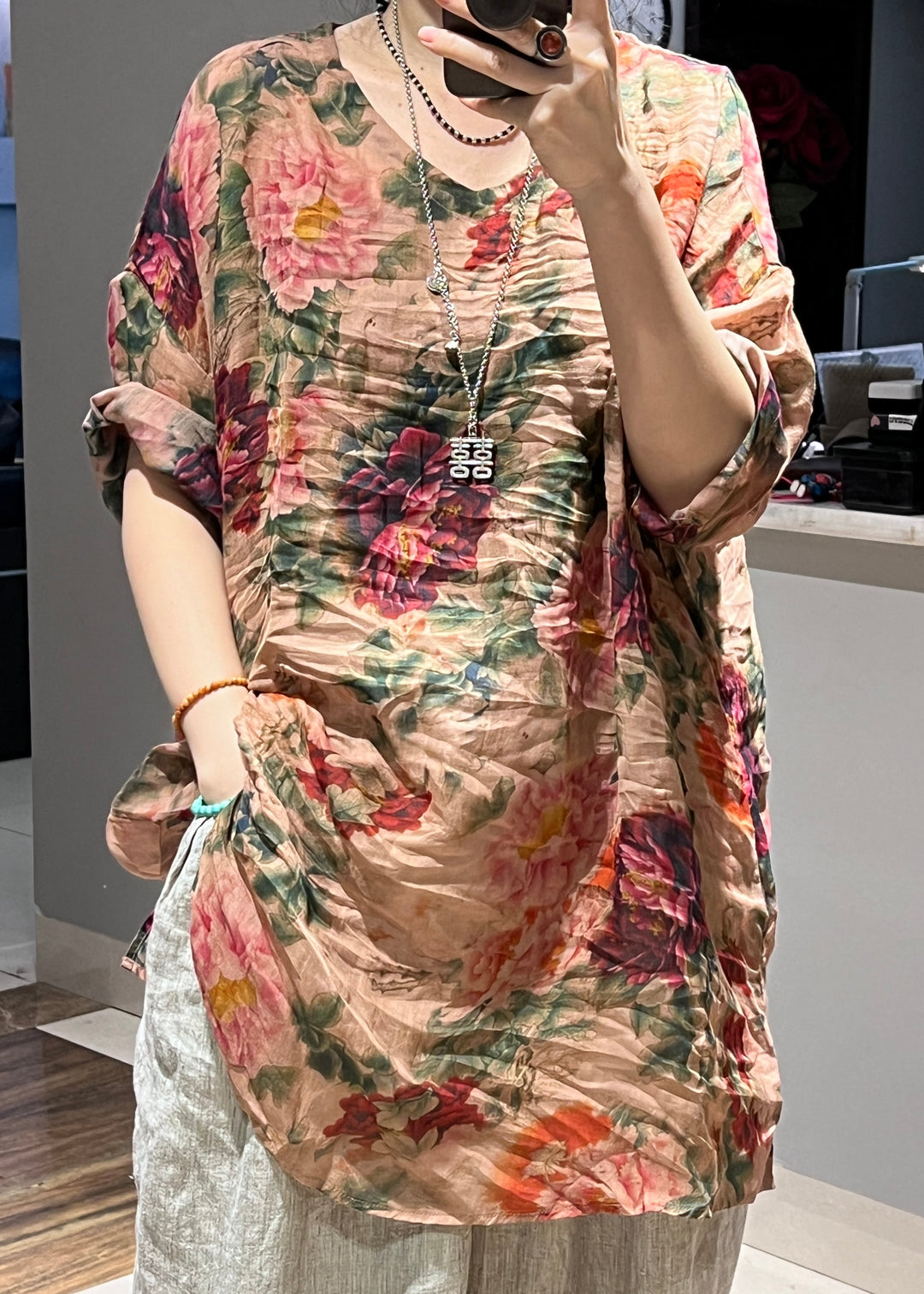 Art Pink V Neck Print Side Open Linen Blouses Half Sleeve