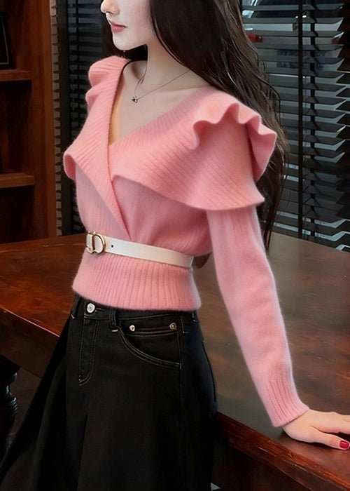 Art Pink V Neck Ruffled Solid Knit Sweater Spring