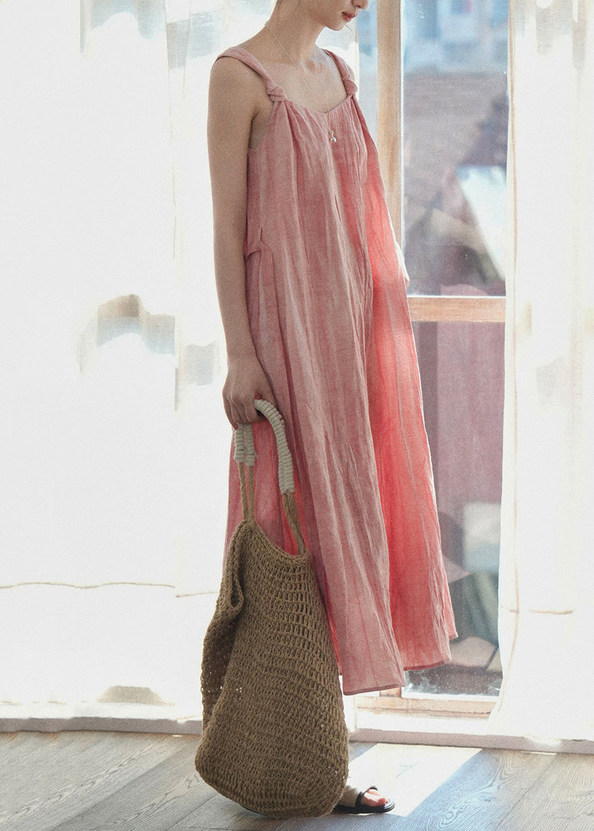 Art Pink Wear On Both Sides Tie Waist Linen Spaghetti Strap Dress Sleeveless