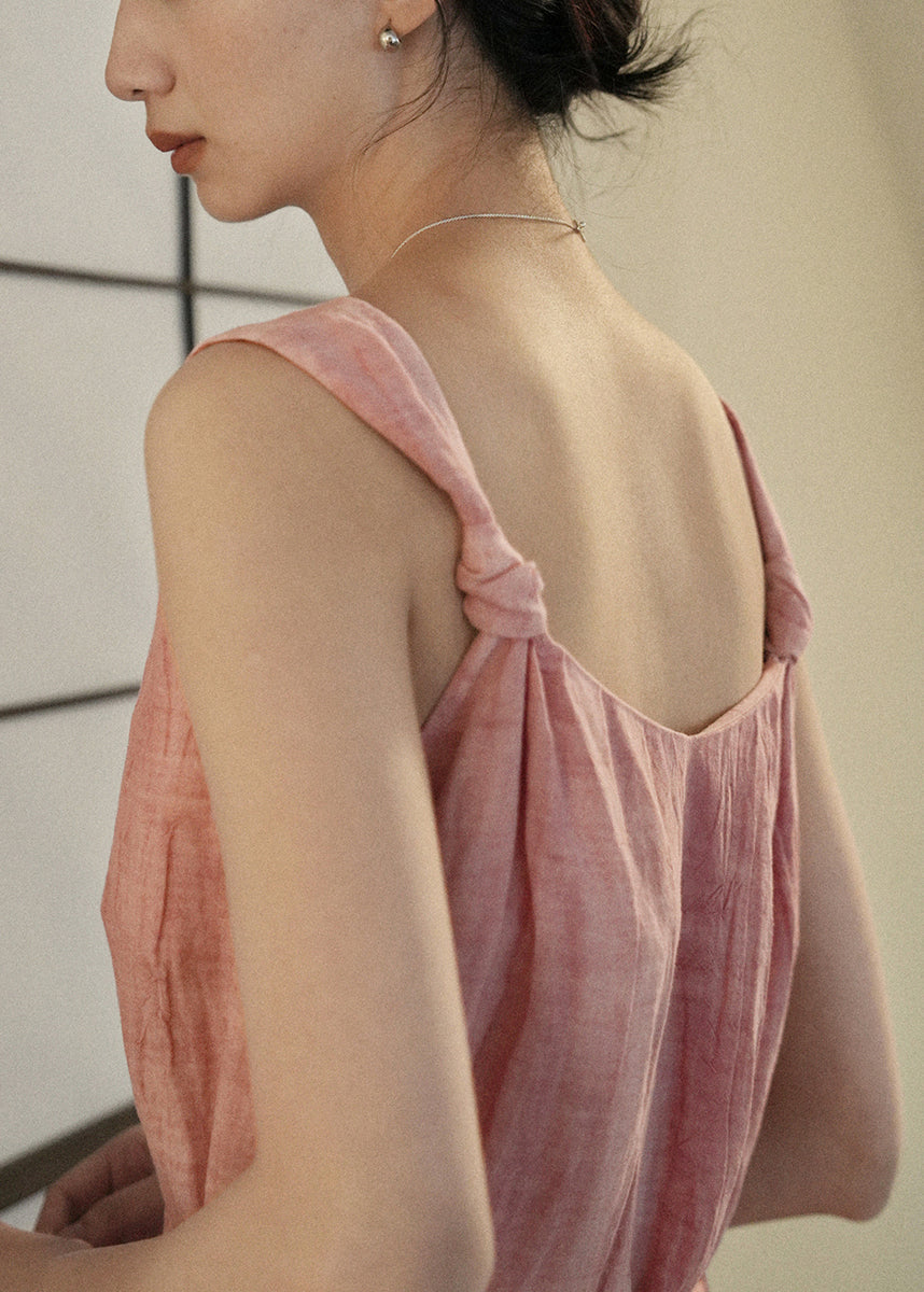 Art Pink Wear On Both Sides Tie Waist Linen Spaghetti Strap Dress Sleeveless