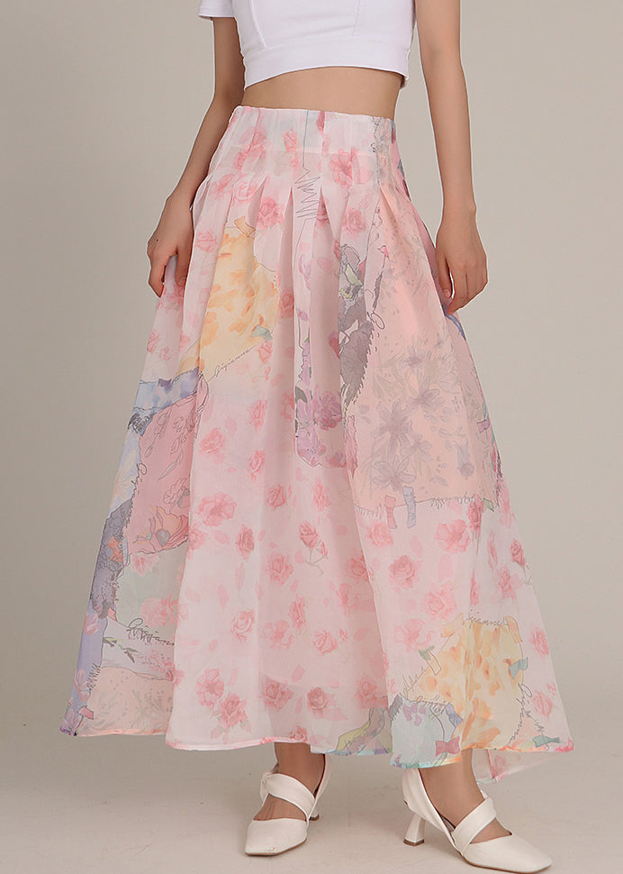 Art Pink Zippered Print High Waist Chiffon Skirts Spring