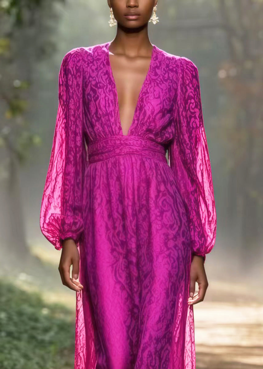 Art Pitaya Color V Neck Jacquard Chiffon Vacation Dress Spring
