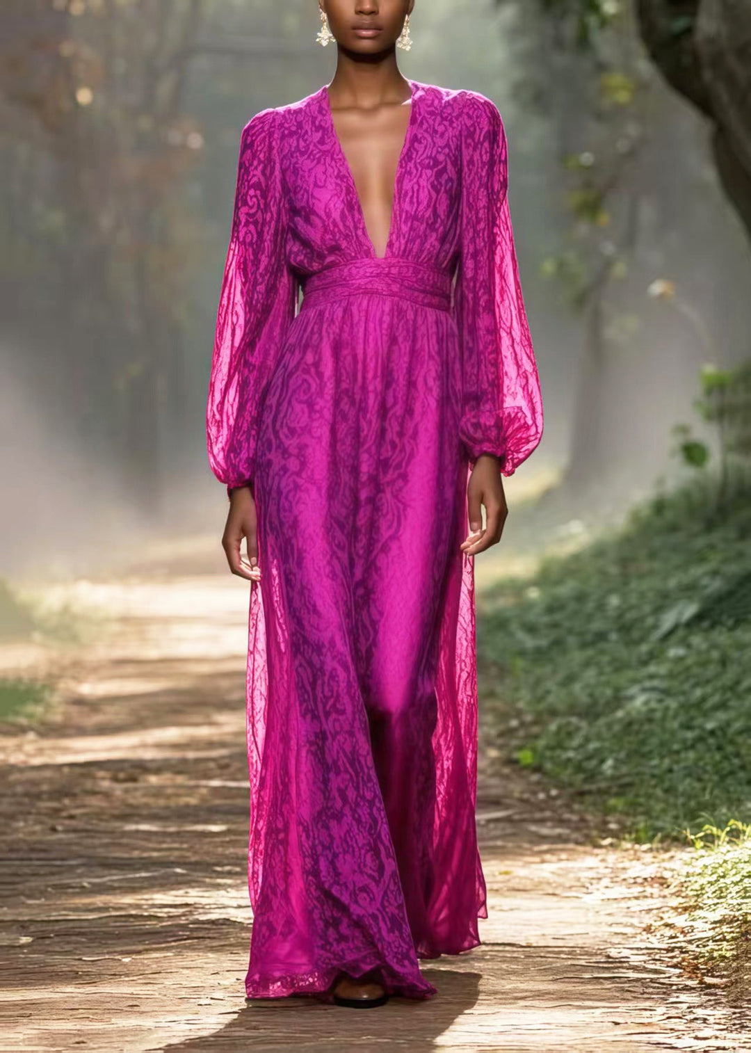 Art Pitaya Color V Neck Jacquard Chiffon Vacation Dress Spring