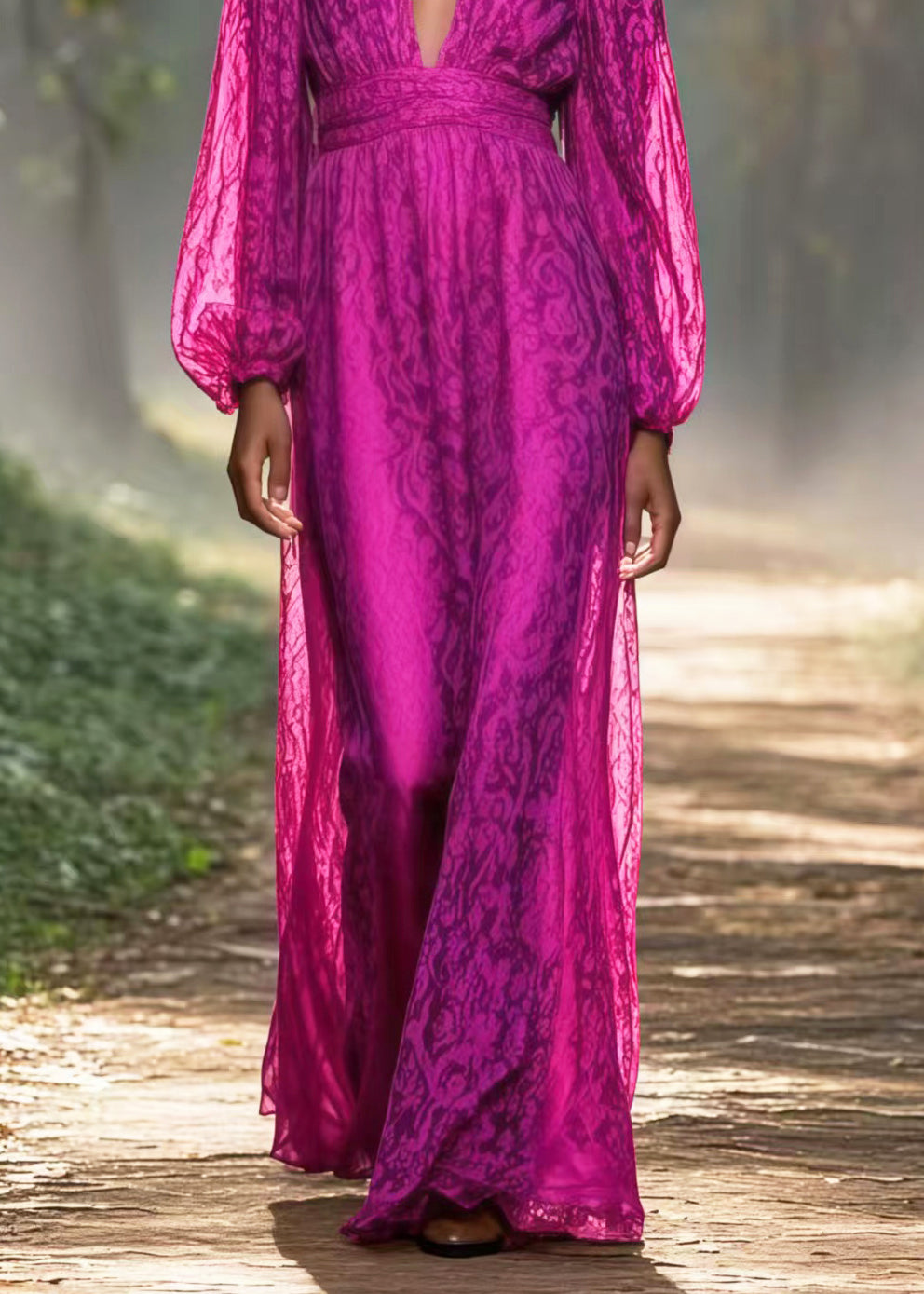 Art Pitaya Color V Neck Jacquard Chiffon Vacation Dress Spring