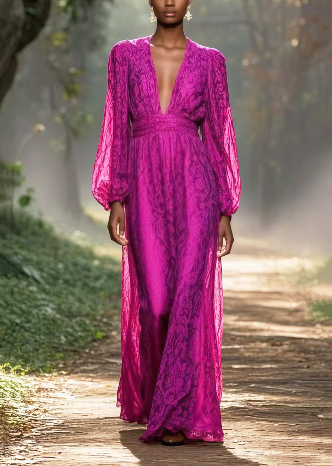 Art Pitaya Color V Neck Jacquard Chiffon Vacation Dress Spring