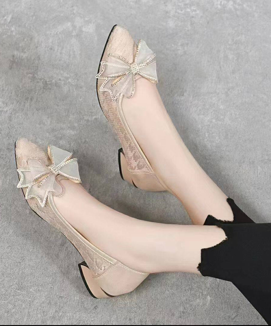 Art Pointed Toe Flat Feet Shoes Beige Bow Faux Leather