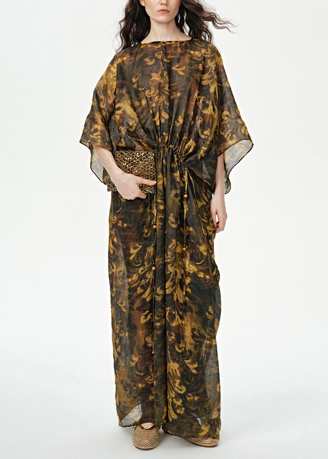 Art Print Drawstring Linen Maxi Dress Batwing Sleeve