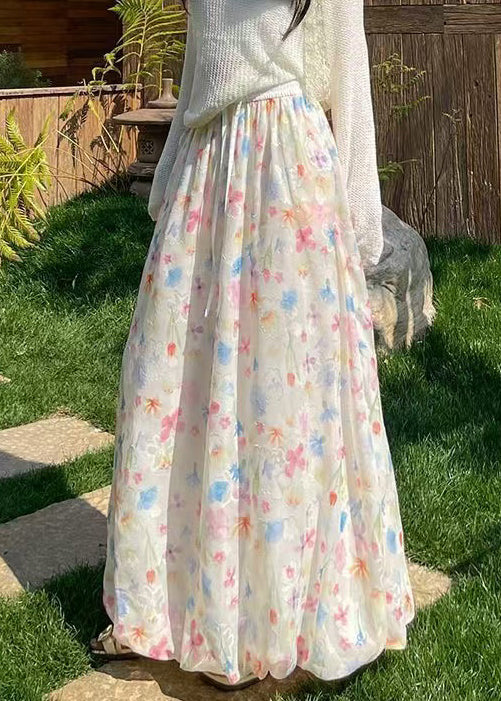 Art Print Lace Up Elastic Waist Chiffon Skirts Summer