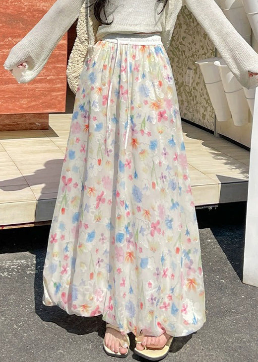 Art Print Lace Up Elastic Waist Chiffon Skirts Summer