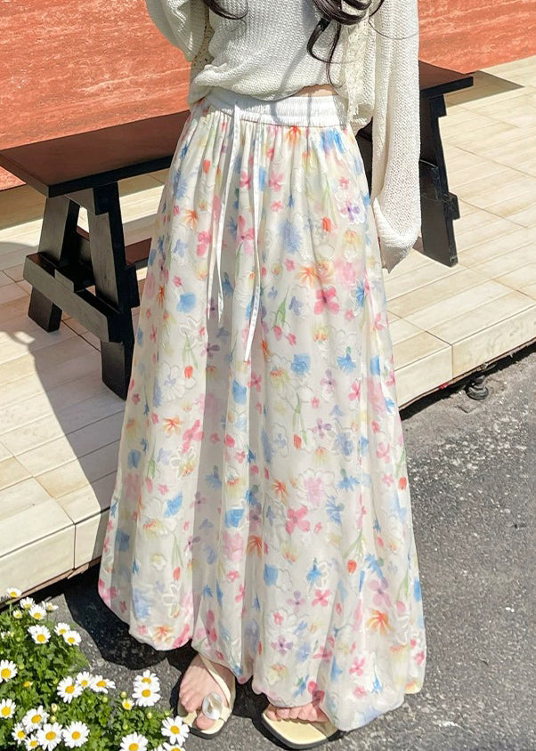 Art Print Lace Up Elastic Waist Chiffon Skirts Summer