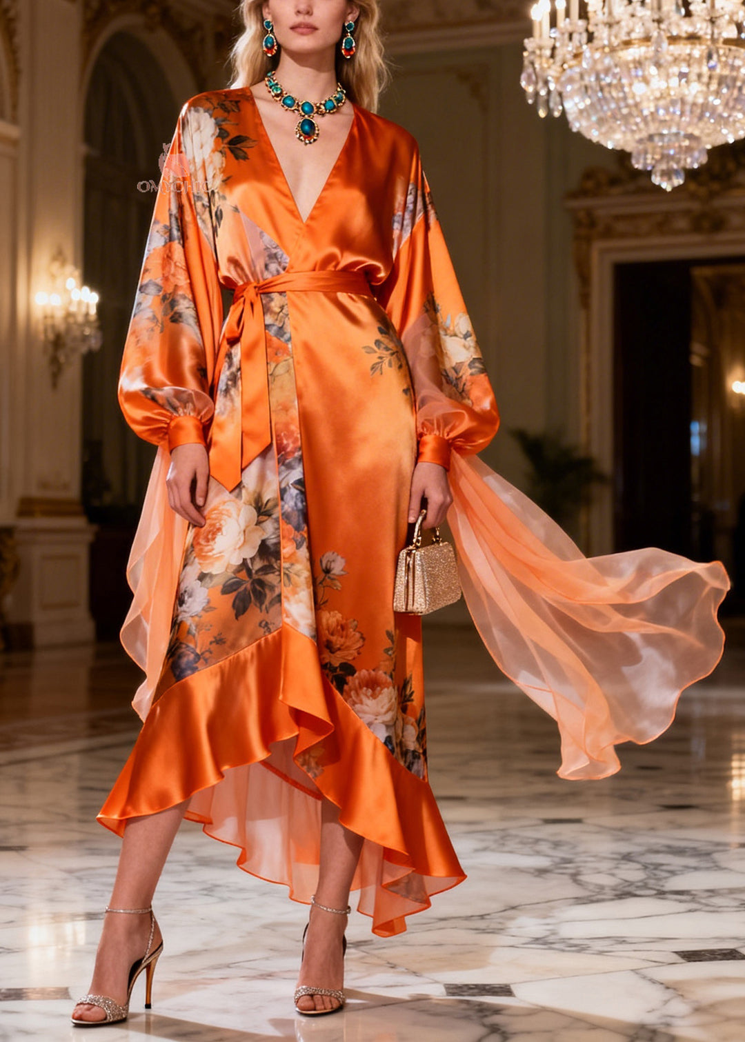 Art Print Ruffled Tie Waist Patchwork Silk Maxi Dresses Long Sleeve