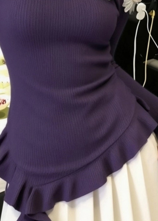 Art Purple Cold Shoulder Floral Knit Sweater Winter